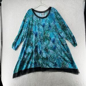 Catherines Top Women 2X Plus Size Teal Green Mesh Trim Fairy Artsy Paisley Tunic